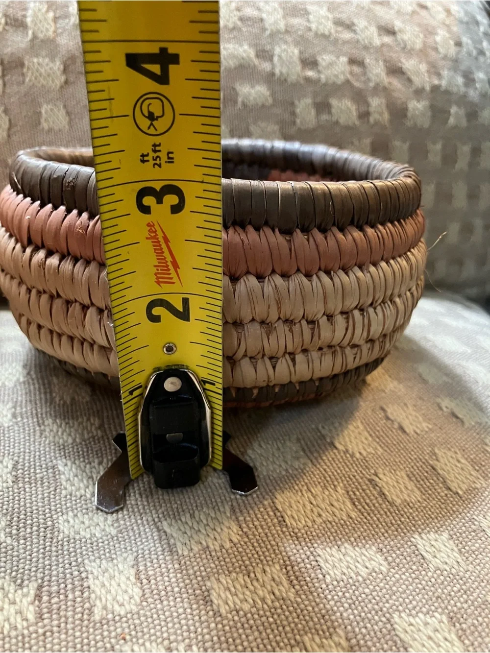 Vintage Mexican hand-woven coiled basket folk art. With lid